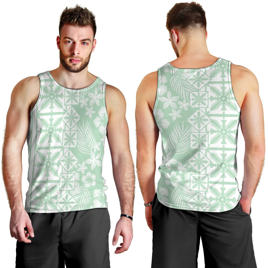 Pastel Green Kahili Quilt Hawaii Men Tank Top Tropical Flower Seamless Half Style