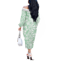 Pastel Green Kahili Quilt Hawaii Off The Shoulder Long Sleeve Dress Tropical Flower Seamless Half Style
