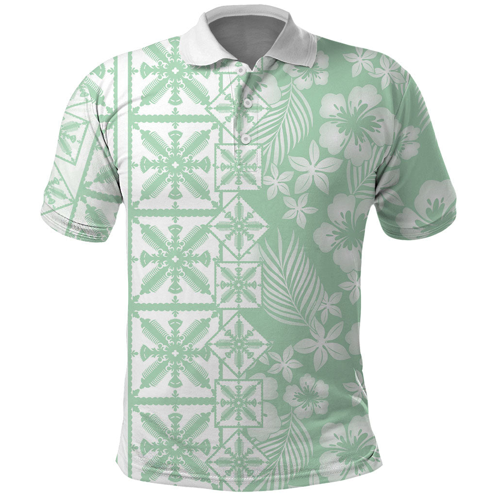 Pastel Green Kahili Quilt Hawaii Polo Shirt Tropical Flower Seamless Half Style