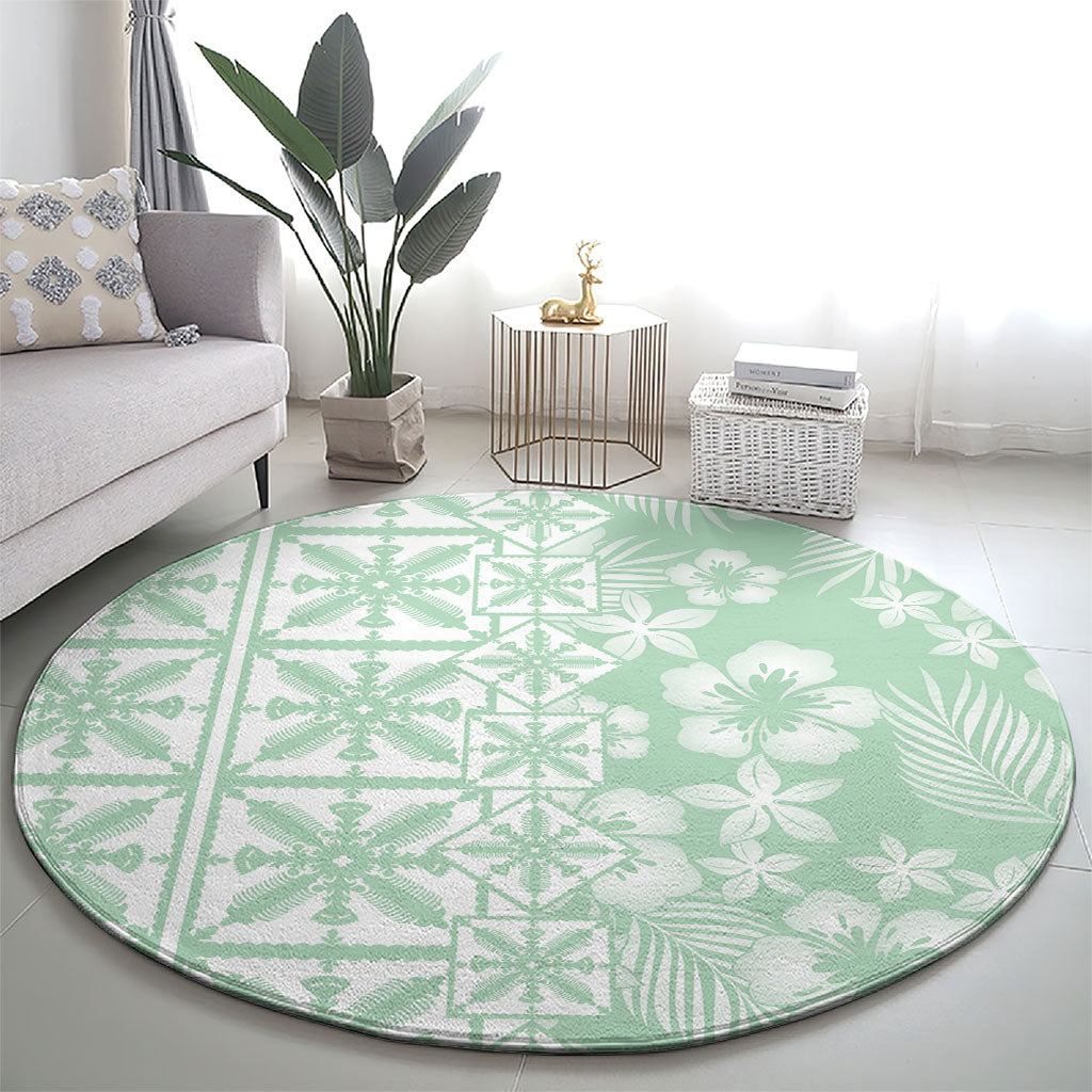 Pastel Green Kahili Quilt Hawaii Round Carpet Tropical Flower Seamless Half Style