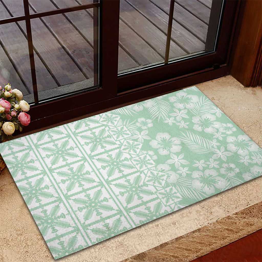Pastel Green Kahili Quilt Hawaii Rubber Doormat Tropical Flower Seamless Half Style