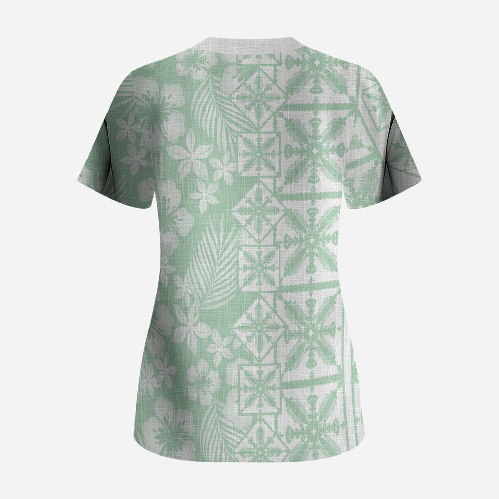 Pastel Green Kahili Quilt Hawaii Scrub Top Tropical Flower Seamless Half Style