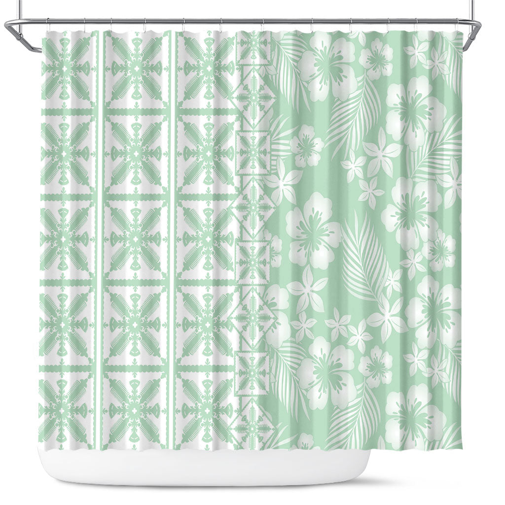 Pastel Green Kahili Quilt Hawaii Shower Curtain Tropical Flower Seamless Half Style