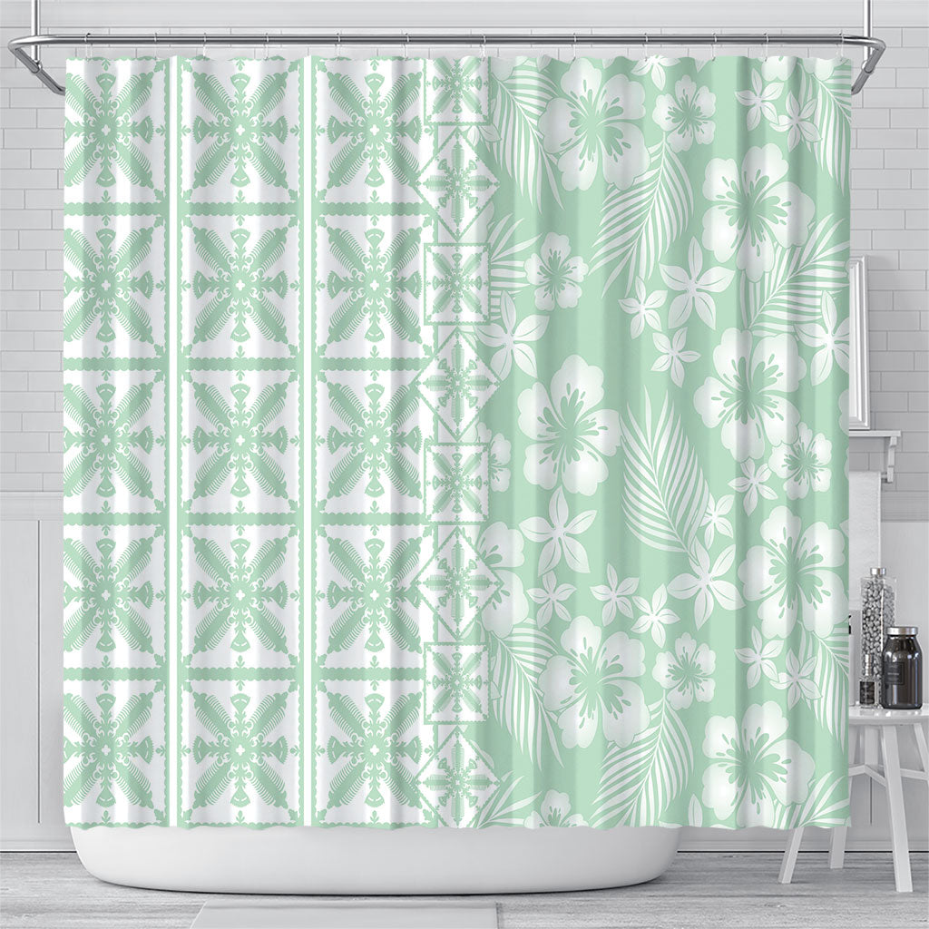 Pastel Green Kahili Quilt Hawaii Shower Curtain Tropical Flower Seamless Half Style