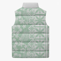 Pastel Green Kahili Quilt Hawaii Sleeveless Puffer Jacket Tropical Flower Seamless Half Style
