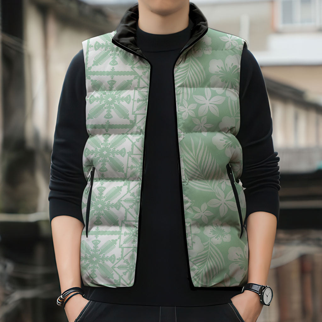 Pastel Green Kahili Quilt Hawaii Sleeveless Puffer Jacket Tropical Flower Seamless Half Style