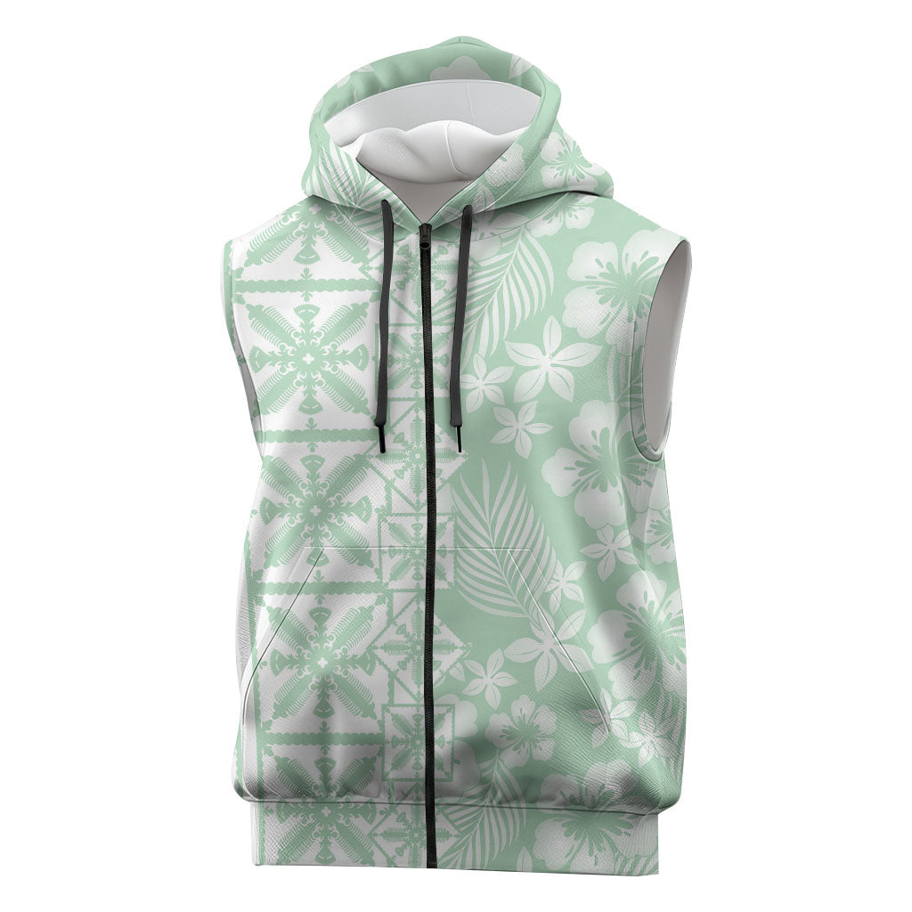 Pastel Green Kahili Quilt Hawaii Sleeveless Zip Hoodie Tropical Flower Seamless Half Style