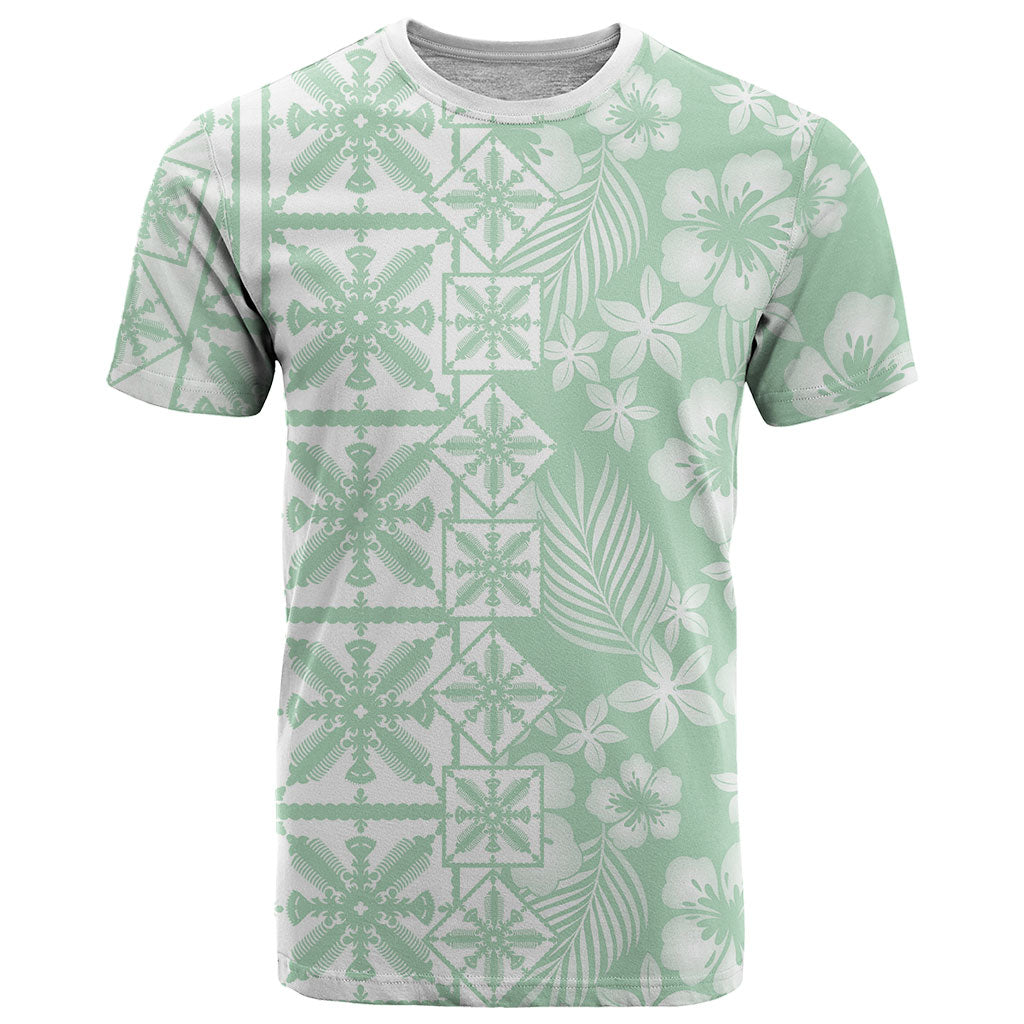 Pastel Green Kahili Quilt Hawaii T Shirt Tropical Flower Seamless Half Style