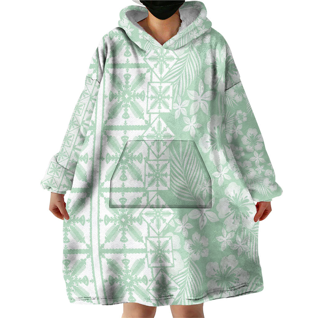 Pastel Green Kahili Quilt Hawaii Wearable Blanket Hoodie Tropical Flower Seamless Half Style