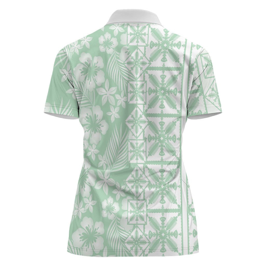 Pastel Green Kahili Quilt Hawaii Women Polo Shirt Tropical Flower Seamless Half Style