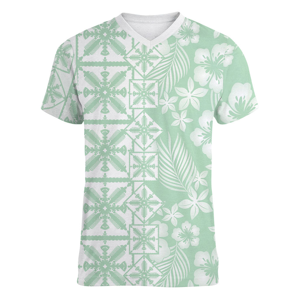 Pastel Green Kahili Quilt Hawaii Women V-Neck T-Shirt Tropical Flower Seamless Half Style