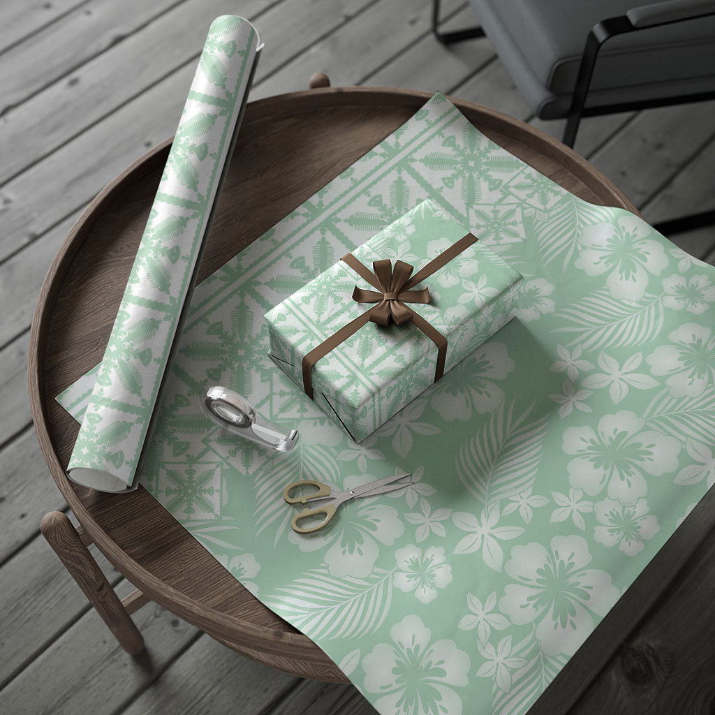 Pastel Green Kahili Quilt Hawaii Wrapping Paper Tropical Flower Seamless Half Style