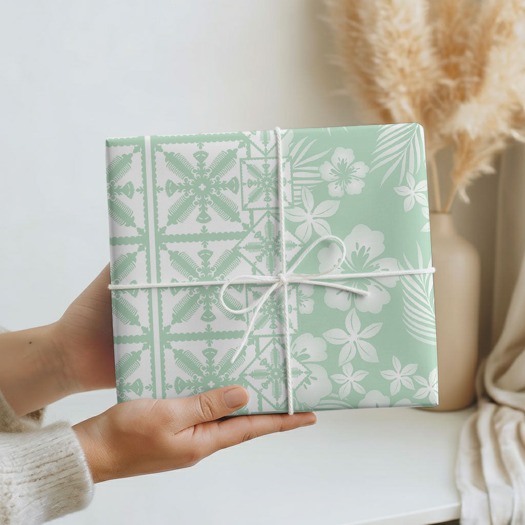 Pastel Green Kahili Quilt Hawaii Wrapping Paper Tropical Flower Seamless Half Style
