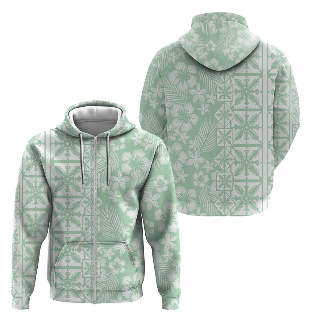 Pastel Green Kahili Quilt Hawaii Zip Hoodie Tropical Flower Seamless Half Style