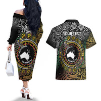Personalised Australia And Vanuatu Couples Matching Off The Shoulder Long Sleeve Dress and Hawaiian Shirt Aboriginal Lizard Polynesia Ni-Van Pig Tusk