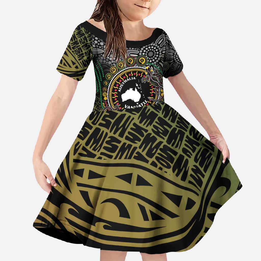 Personalised Australia And Vanuatu Family Matching Long Sleeve Bodycon Dress and Hawaiian Shirt Aboriginal Lizard Polynesia Ni-Van Pig Tusk LT14 Daughter's Dress Black - Polynesian Pride