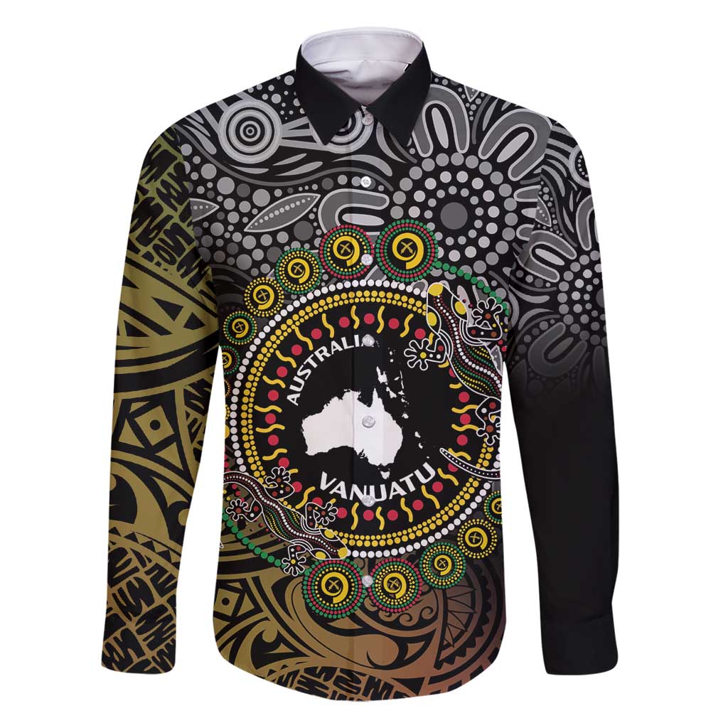 Personalised Australia And Vanuatu Family Matching Long Sleeve Bodycon Dress and Hawaiian Shirt Aboriginal Lizard Polynesia Ni-Van Pig Tusk LT14 Dad's Shirt - Long Sleeve Black - Polynesian Pride