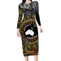Personalised Australia And Vanuatu Family Matching Long Sleeve Bodycon Dress and Hawaiian Shirt Aboriginal Lizard Polynesia Ni-Van Pig Tusk LT14 Mom's Dress Black - Polynesian Pride