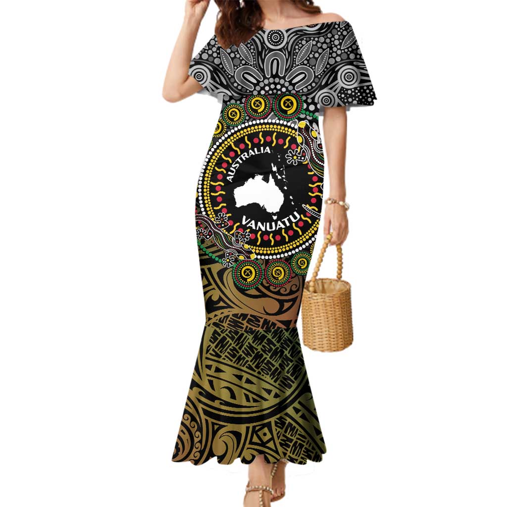 Personalised Australia And Vanuatu Family Matching Mermaid Dress and Hawaiian Shirt Aboriginal Lizard Polynesia Ni-Van Pig Tusk