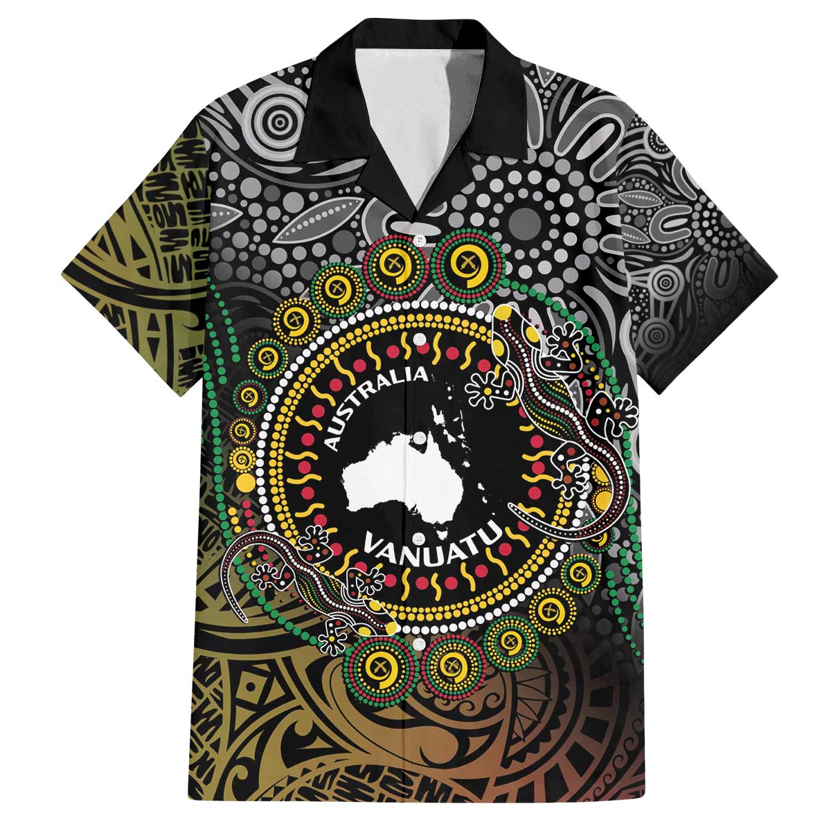 Personalised Australia And Vanuatu Family Matching Off The Shoulder Long Sleeve Dress and Hawaiian Shirt Aboriginal Lizard Polynesia Ni-Van Pig Tusk