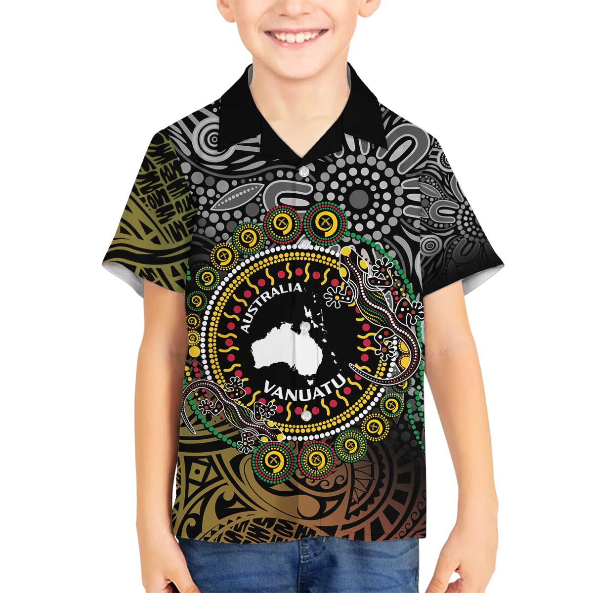 Personalised Australia And Vanuatu Family Matching Puletasi and Hawaiian Shirt Aboriginal Lizard Polynesia Ni-Van Pig Tusk