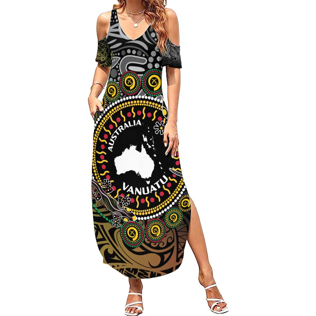 Personalised Australia And Vanuatu Family Matching Summer Maxi Dress and Hawaiian Shirt Aboriginal Lizard Polynesia Ni-Van Pig Tusk