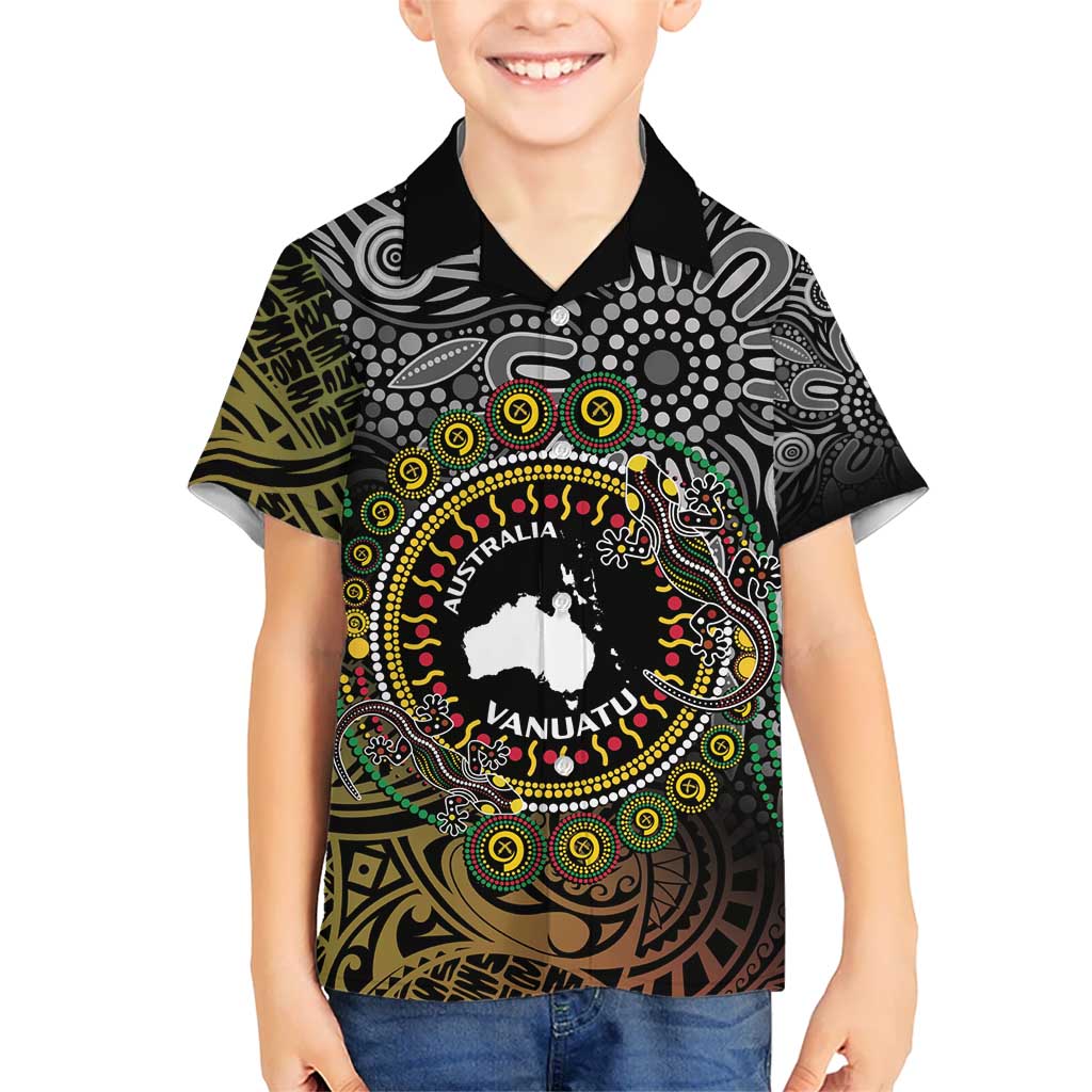 Personalised Australia And Vanuatu Kid Hawaiian Shirt Aboriginal Lizard Polynesia Ni-Van Pig Tusk LT14 Kid Black - Polynesian Pride