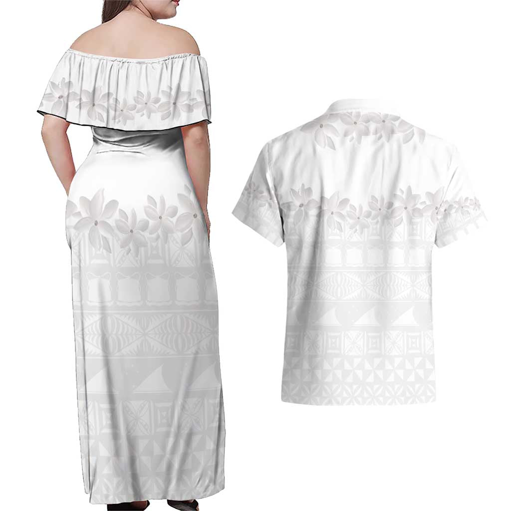 Tokelau White Sunday Couples Matching Off Shoulder Maxi Dress and Hawaiian Shirt Polynesian Pattern Gardenia Thunbergia