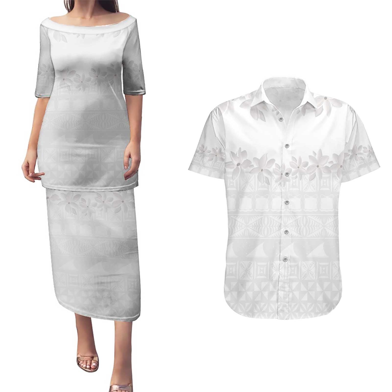 Tokelau White Sunday Couples Matching Puletasi and Hawaiian Shirt Polynesian Pattern Gardenia Thunbergia