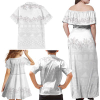 Tokelau White Sunday Family Matching Off Shoulder Maxi Dress and Hawaiian Shirt Polynesian Pattern Gardenia Thunbergia
