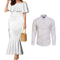 American Samoa White Sunday Couples Matching Mermaid Dress and Long Sleeve Button Shirt Lotu Tamaiti Plumeria With Samoan Pattern