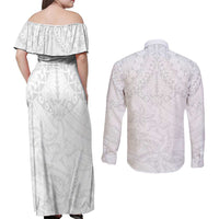 American Samoa White Sunday Couples Matching Off Shoulder Maxi Dress and Long Sleeve Button Shirt Lotu Tamaiti Plumeria With Samoan Pattern