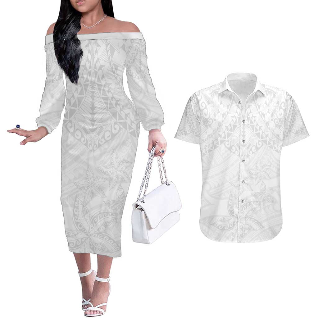 American Samoa White Sunday Couples Matching Off The Shoulder Long Sleeve Dress and Hawaiian Shirt Lotu Tamaiti Plumeria With Samoan Pattern