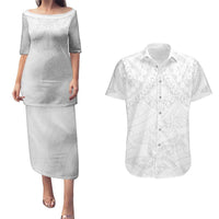 American Samoa White Sunday Couples Matching Puletasi and Hawaiian Shirt Lotu Tamaiti Plumeria With Samoan Pattern