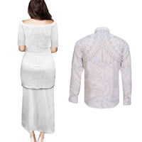 American Samoa White Sunday Couples Matching Puletasi and Long Sleeve Button Shirt Lotu Tamaiti Plumeria With Samoan Pattern