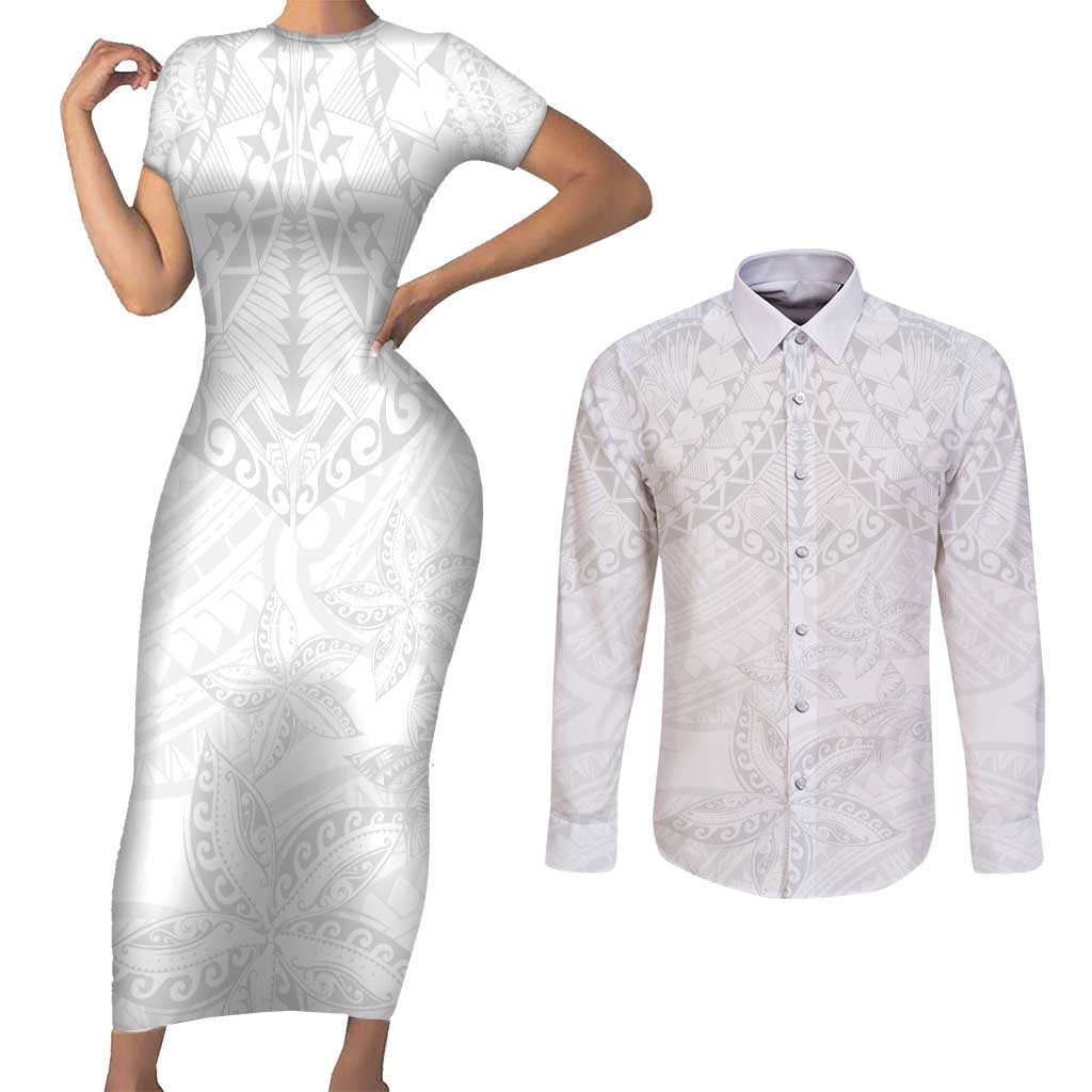 American Samoa White Sunday Couples Matching Short Sleeve Bodycon Dress and Long Sleeve Button Shirt Lotu Tamaiti Plumeria With Samoan Pattern