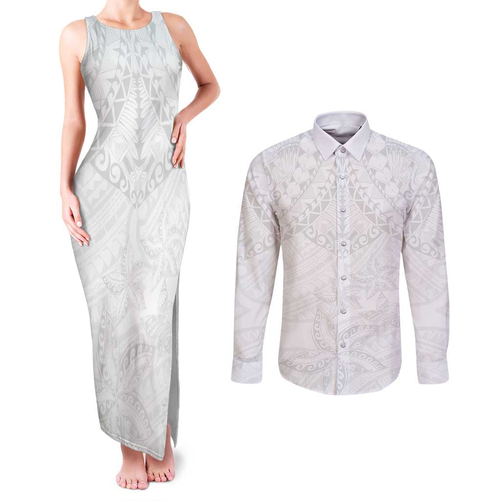 American Samoa White Sunday Couples Matching Tank Maxi Dress and Long Sleeve Button Shirt Lotu Tamaiti Plumeria With Samoan Pattern
