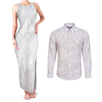 American Samoa White Sunday Couples Matching Tank Maxi Dress and Long Sleeve Button Shirt Lotu Tamaiti Plumeria With Samoan Pattern