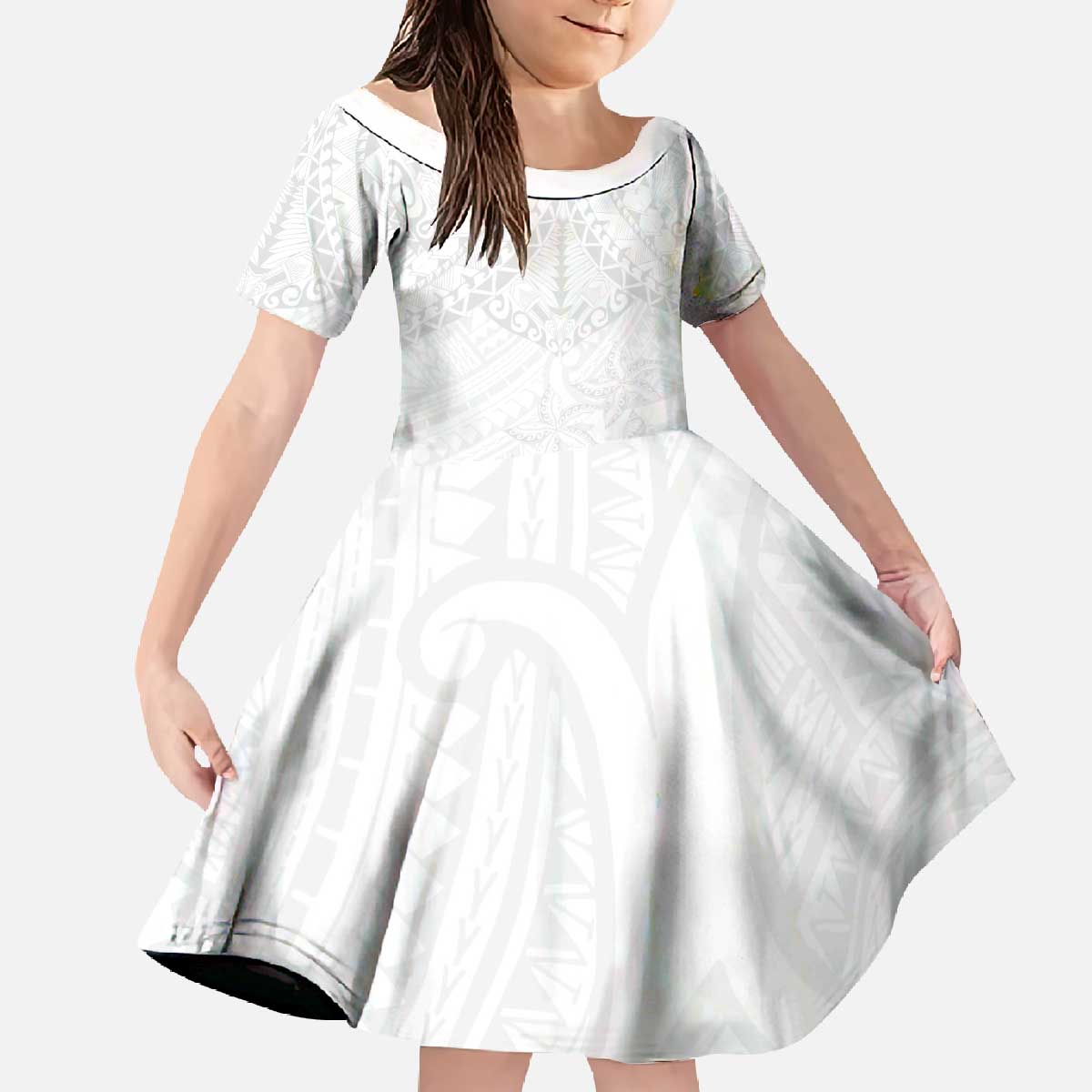 American Samoa White Sunday Family Matching Off The Shoulder Long Sleeve Dress and Hawaiian Shirt Lotu Tamaiti Plumeria With Samoan Pattern LT14 Daughter's Dress White - Polynesian Pride