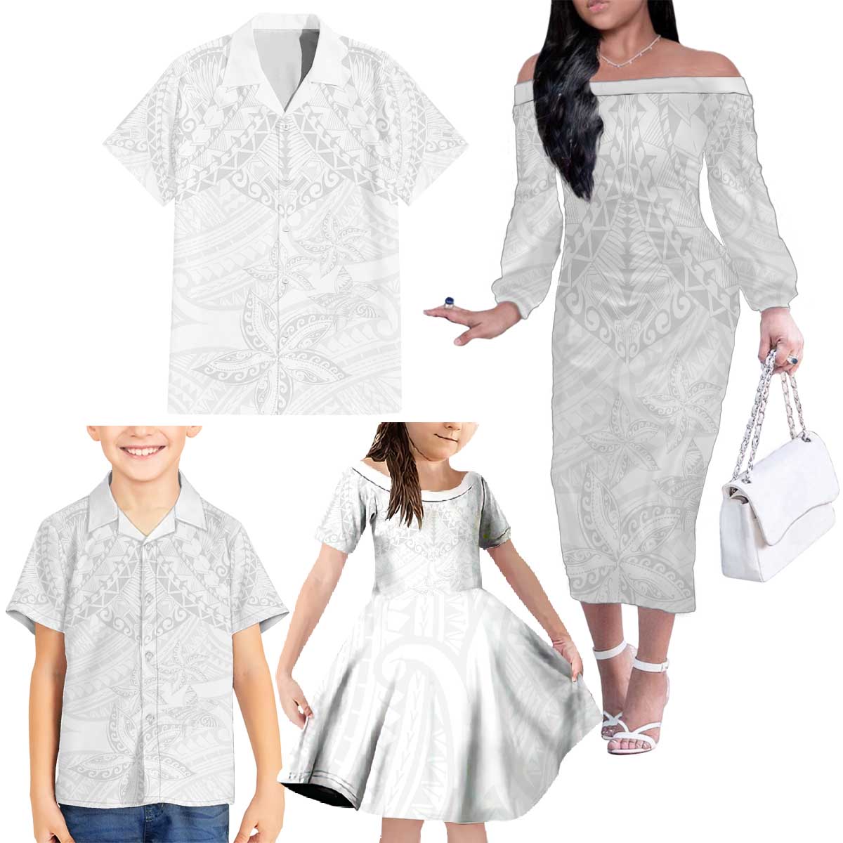American Samoa White Sunday Family Matching Off The Shoulder Long Sleeve Dress and Hawaiian Shirt Lotu Tamaiti Plumeria With Samoan Pattern LT14 - Polynesian Pride