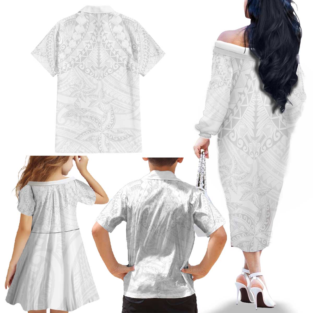 American Samoa White Sunday Family Matching Off The Shoulder Long Sleeve Dress and Hawaiian Shirt Lotu Tamaiti Plumeria With Samoan Pattern LT14 - Polynesian Pride