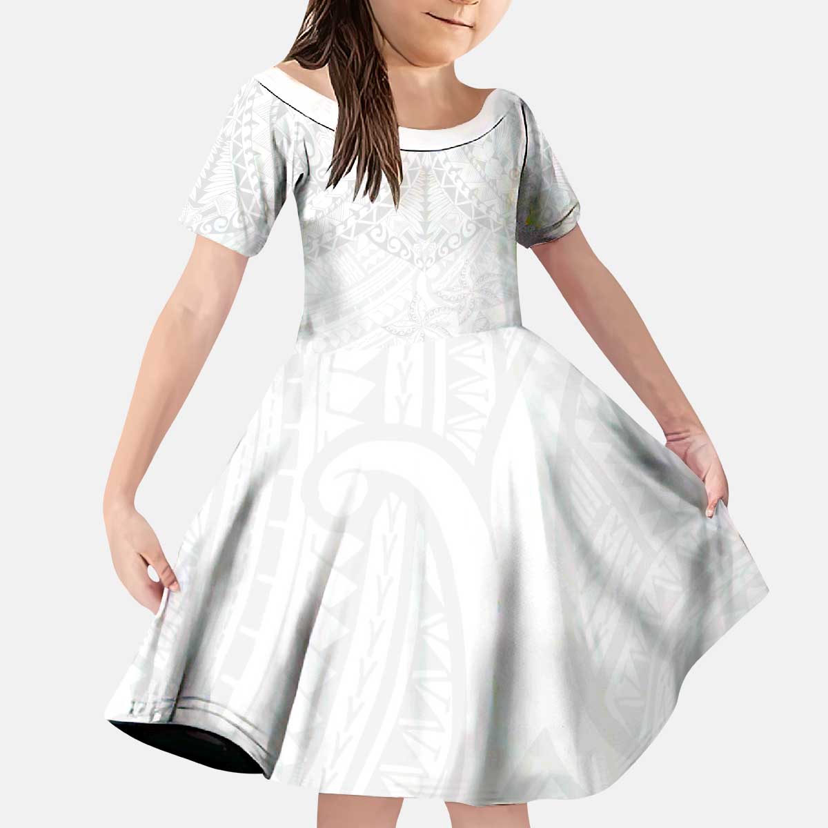 American Samoa White Sunday Kid Short Sleeve Dress Lotu Tamaiti Plumeria With Samoan Pattern LT14 KID White - Polynesian Pride