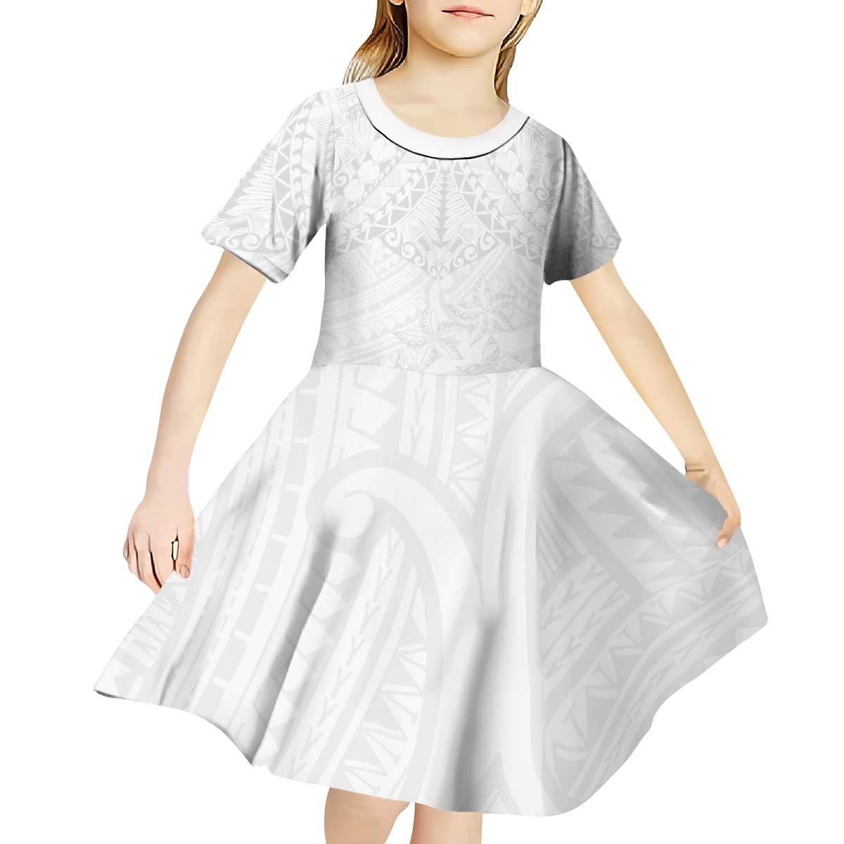 American Samoa White Sunday Kid Short Sleeve Dress Lotu Tamaiti Plumeria With Samoan Pattern LT14 - Polynesian Pride