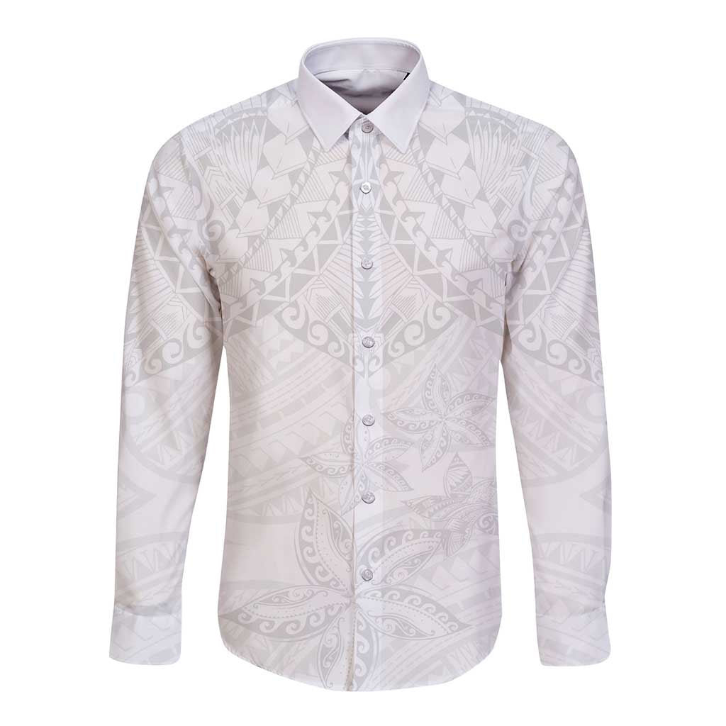American Samoa White Sunday Long Sleeve Button Shirt Lotu Tamaiti Plumeria With Samoan Pattern