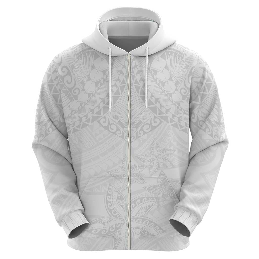 American Samoa White Sunday Zip Hoodie Lotu Tamaiti Plumeria With Samoan Pattern