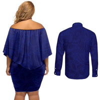 Blue Polynesia Couples Matching Off Shoulder Short Dress and Long Sleeve Button Shirt Polynesian Pattern Mix Plumeria