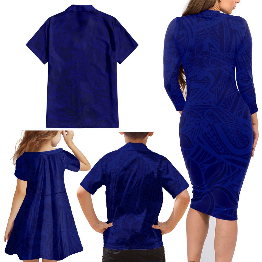 Blue Polynesia Family Matching Long Sleeve Bodycon Dress and Hawaiian Shirt Polynesian Pattern Mix Plumeria