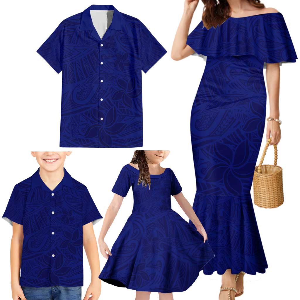 Blue Polynesia Family Matching Mermaid Dress and Hawaiian Shirt Polynesian Pattern Mix Plumeria