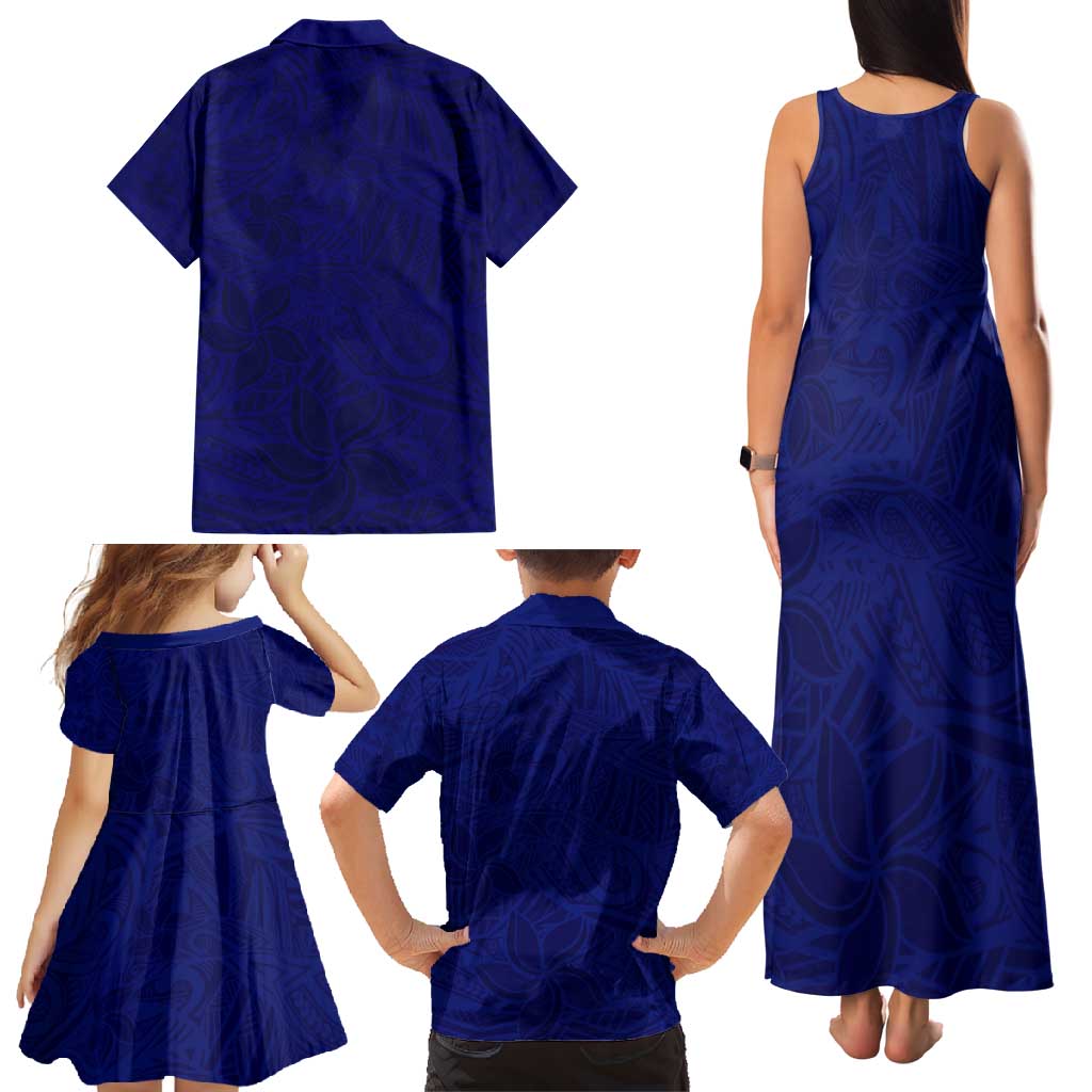 Blue Polynesia Family Matching Tank Maxi Dress and Hawaiian Shirt Polynesian Pattern Mix Plumeria