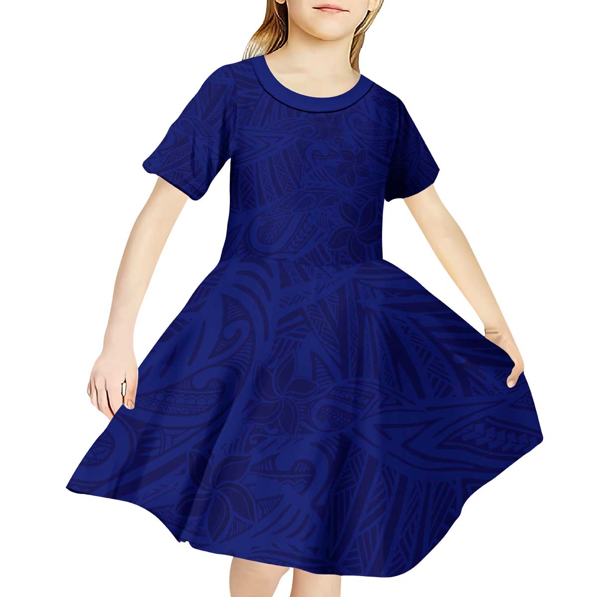 Blue Polynesia Kid Short Sleeve Dress Polynesian Pattern Mix Plumeria